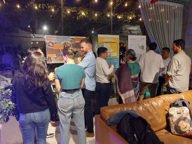 A mixed group of people stand in groups, smiling and discussing the posters and graphics displayed on a glass wall